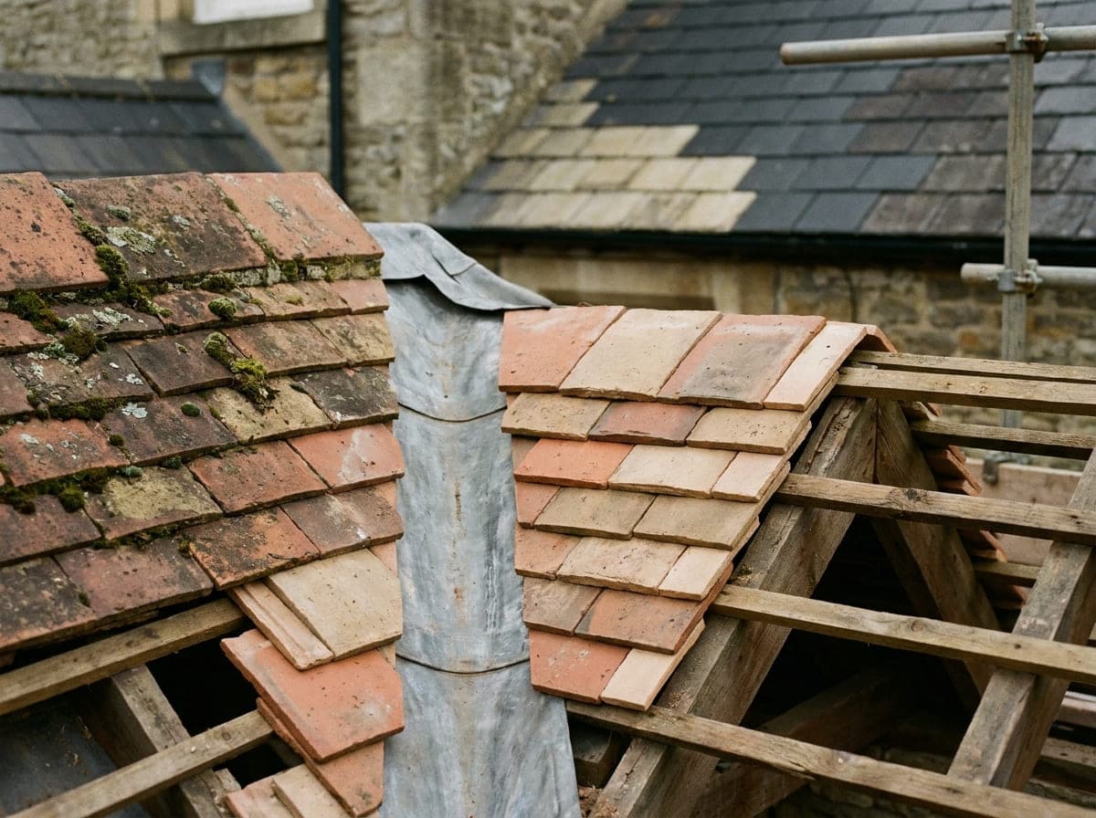 Hand made clay plain tiles cut neatly into a swept lead valley