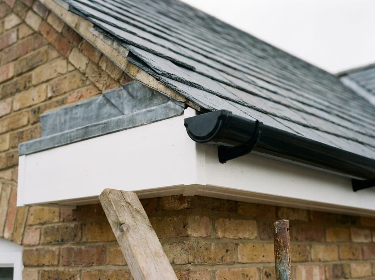 A finished roofline with new fascia, soffit and black half round guttering below a course of dark slate